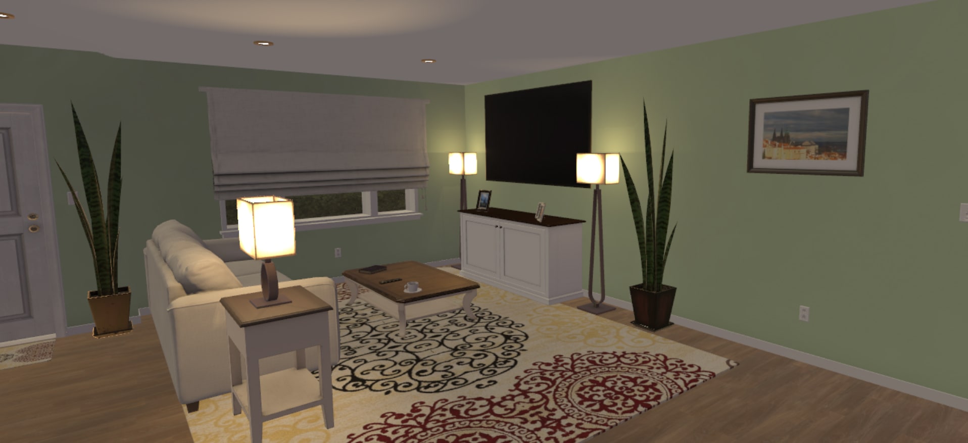 Living room of a 3D printed home in VR